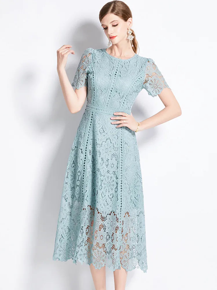 Women's Vintage High-End Lace Hollow-Out Long Dress — Slim Elegant Summer Gown