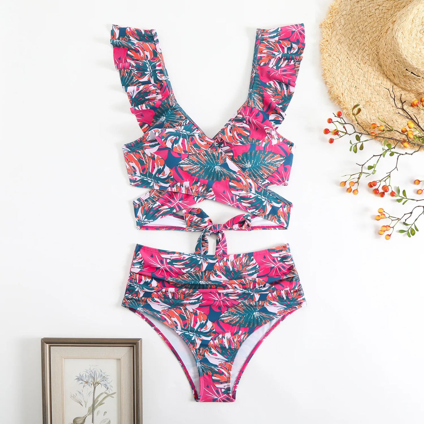 Women's Floral Print Two-Piece Bikini Set — High Waist Sexy Ruffled Swimsuit