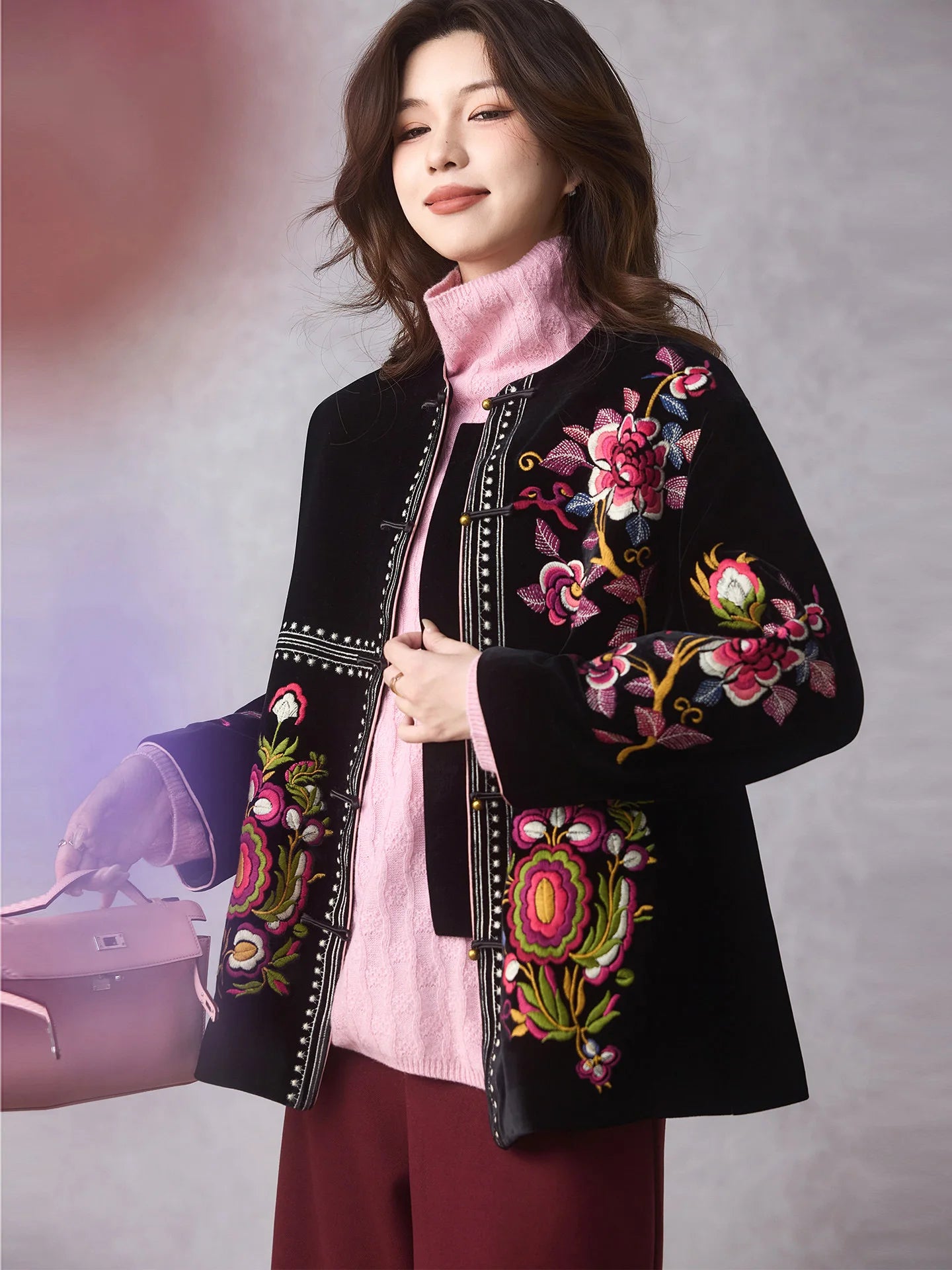 Women's Black Embroidered Velvet Jacket — Chinese Floral Style