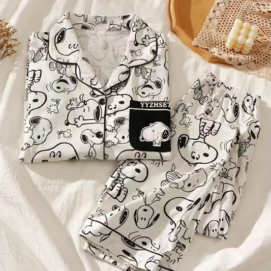 Snoopy Cartoon Pajamas Set — Soft Milk Silk Sleepwear for Men & Women