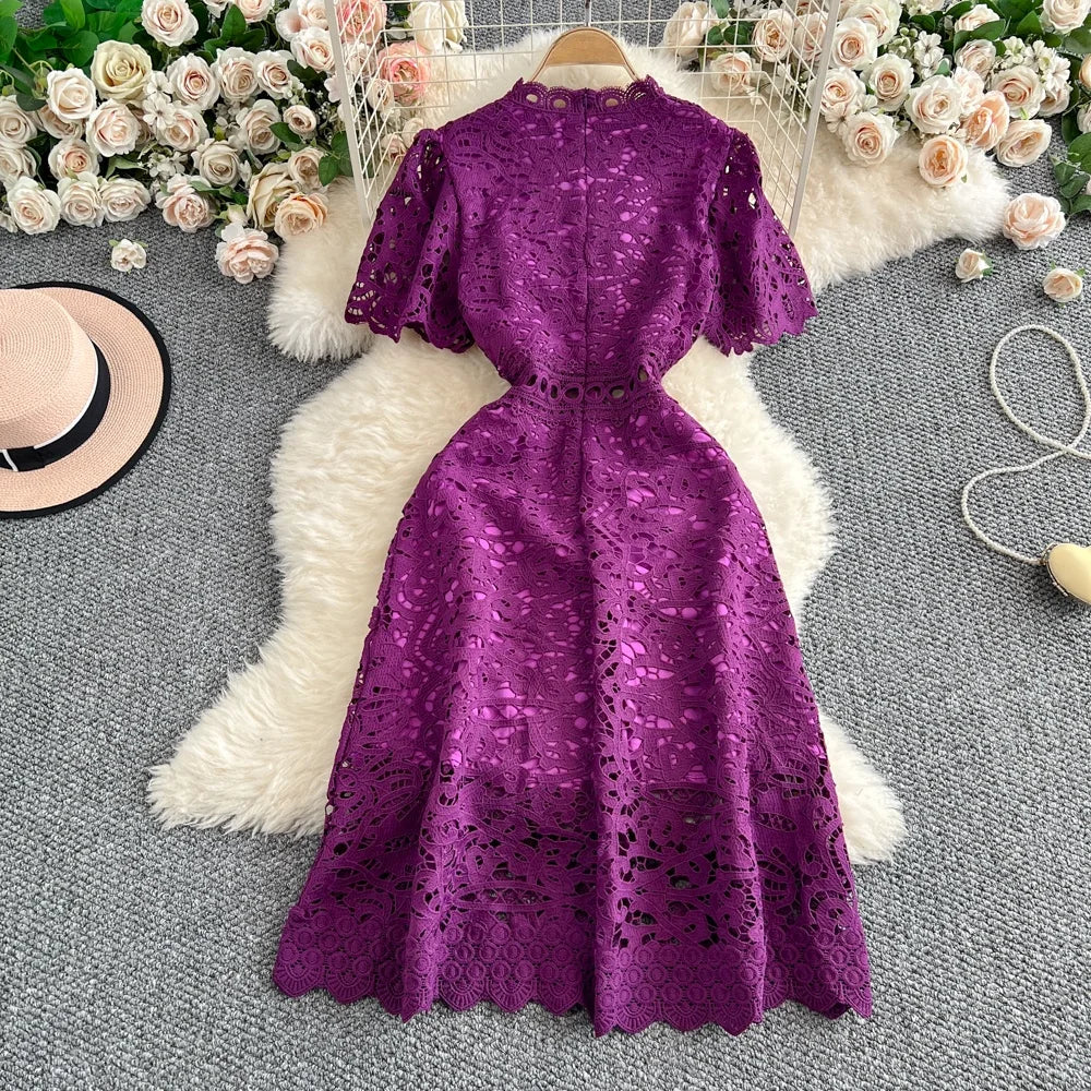 Women's French Style Hollow-Out Lace Dress — Waist-Cinched Short Sleeve A-Line