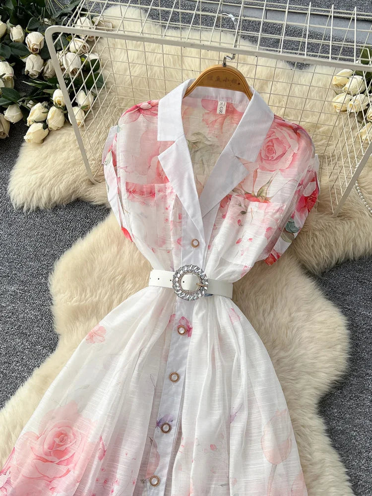 Women's French Countryside Chiffon Printed Dress — Raglan Sleeve A-Line