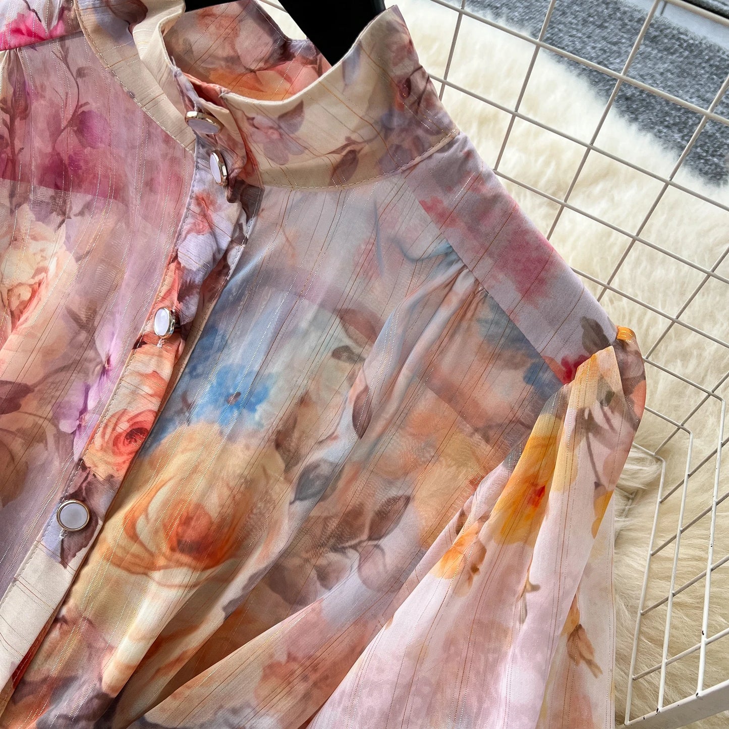 Women's French Vintage Palace Print Dress — Stand Collar Lantern Sleeve A-Line