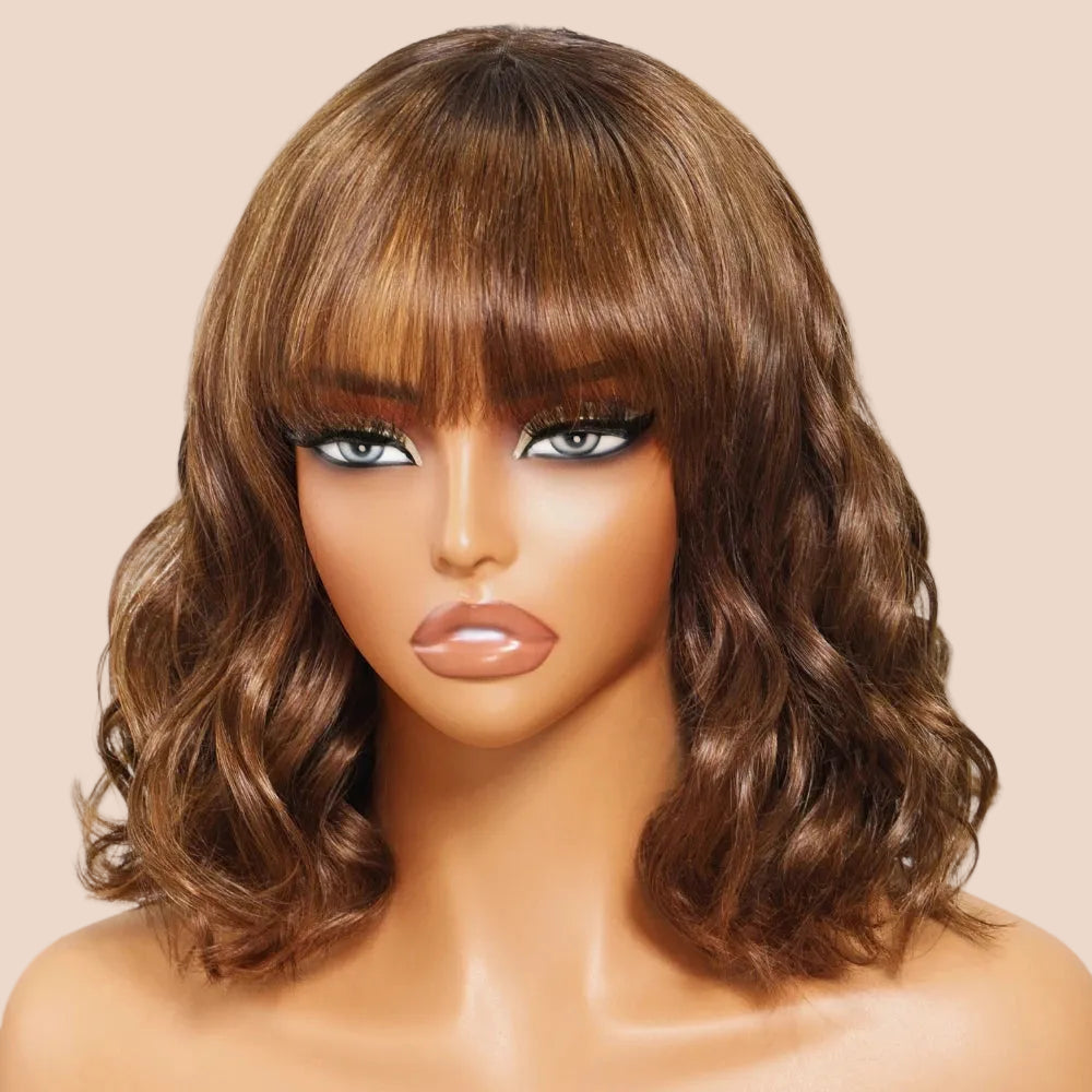 Brown Colored Loose Wave Wig With Bangs 4x2 Lace Short Bob Wig Human Hair Glueless Wig 150% Density