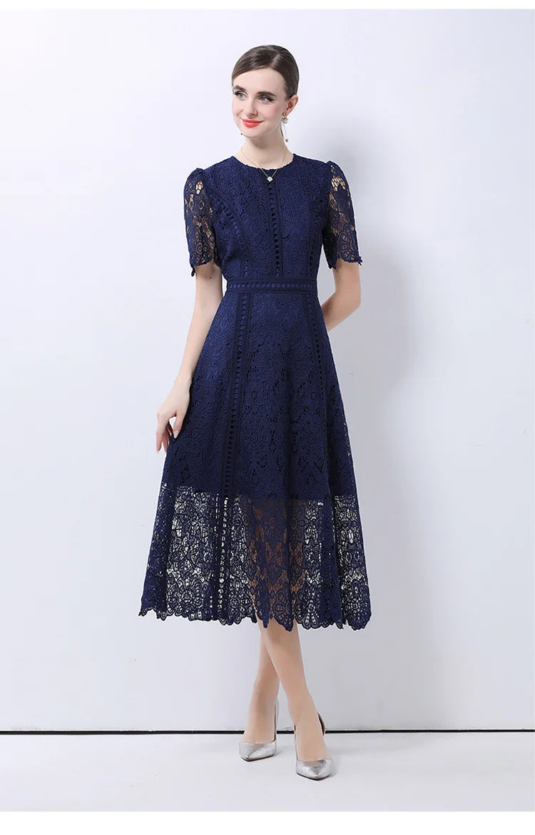 Women's Vintage High-End Lace Hollow-Out Long Dress — Slim Elegant Summer Gown