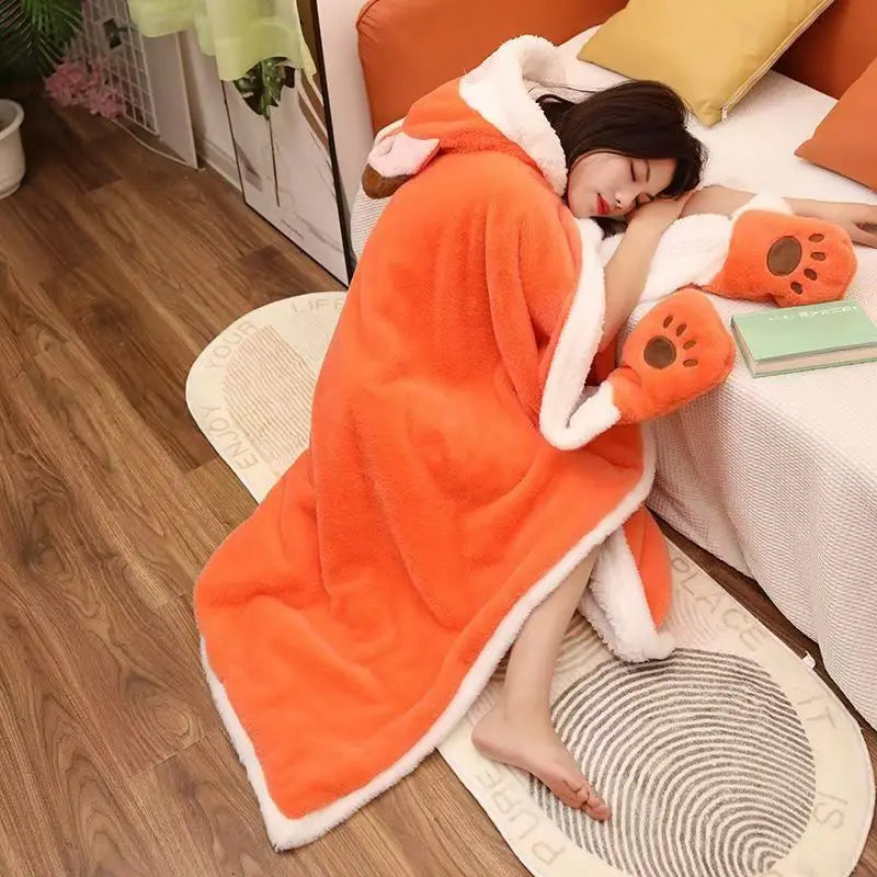 Winter Cartoon Fox Wearable Blanket Cloak — Cozy Shawl Nap Blanket