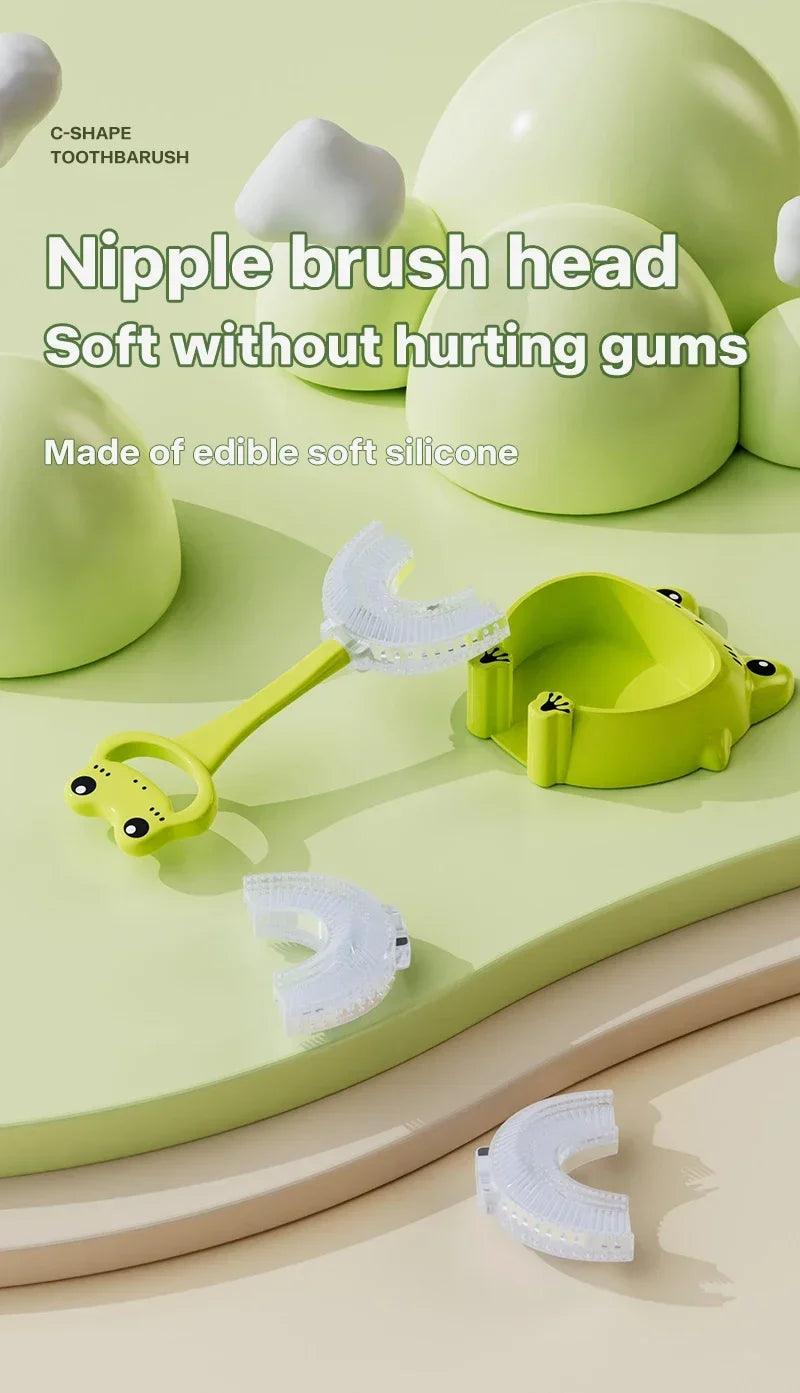 Kids U-Shaped Silicone Toothbrush — 360° Cartoon Design for Ages 1–12