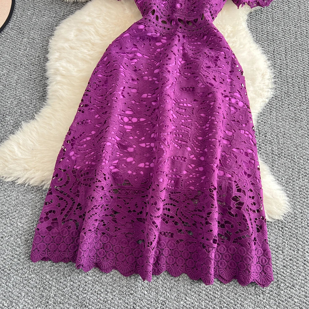 Women's French Style Hollow-Out Lace Dress — Waist-Cinched Short Sleeve A-Line