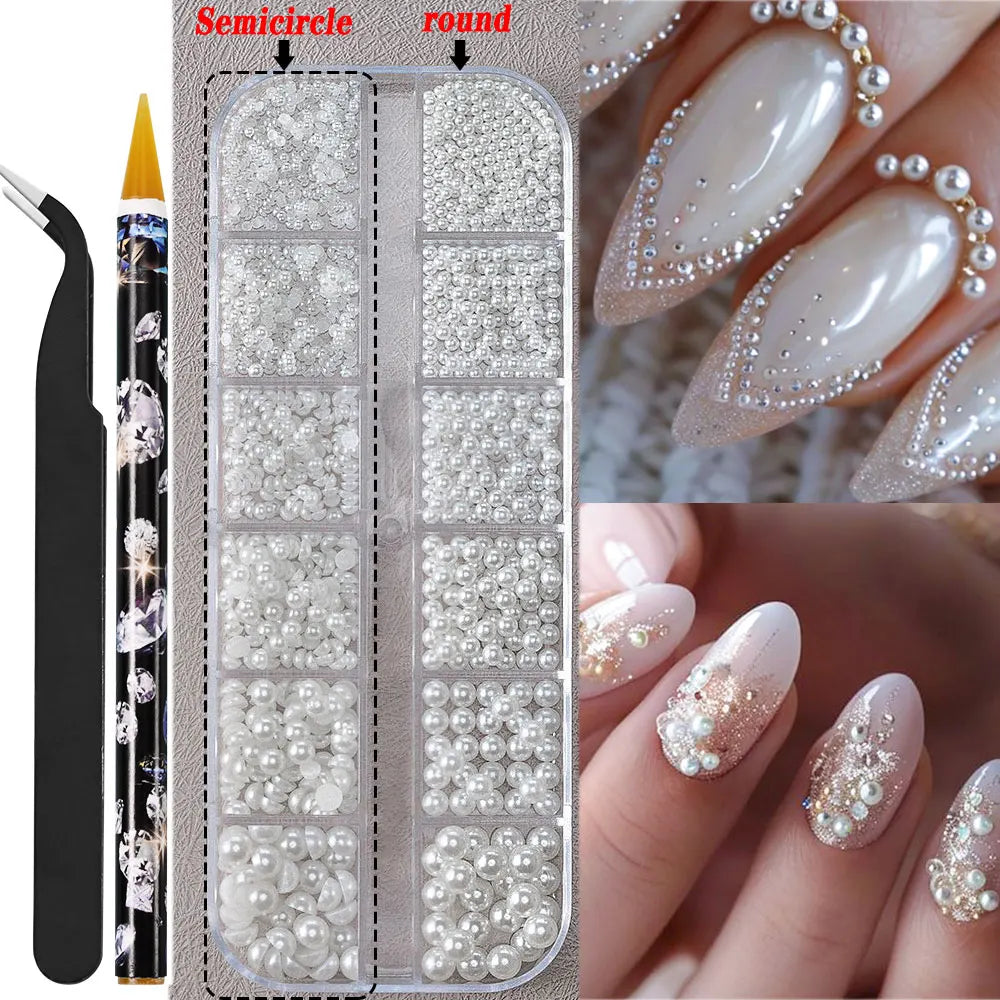 12grids Half Round Pearls Beads 3D Nail Charms 1.5/2/2.5/3/4/5mm White Flatback Pearls Nail Jewelry Nail Craft Pearl Rhinestones