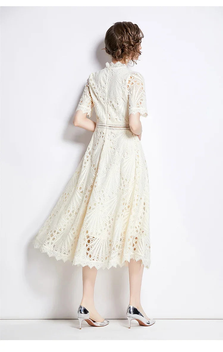 Women's Vintage High-End Lace Hollow-Out Long Dress — Slim Elegant Summer Gown