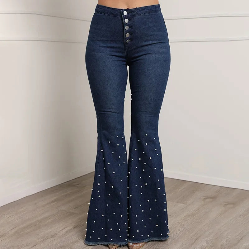 Women's High Waist Embroidered Flare Jeans — Slim Fit Distressed Denim