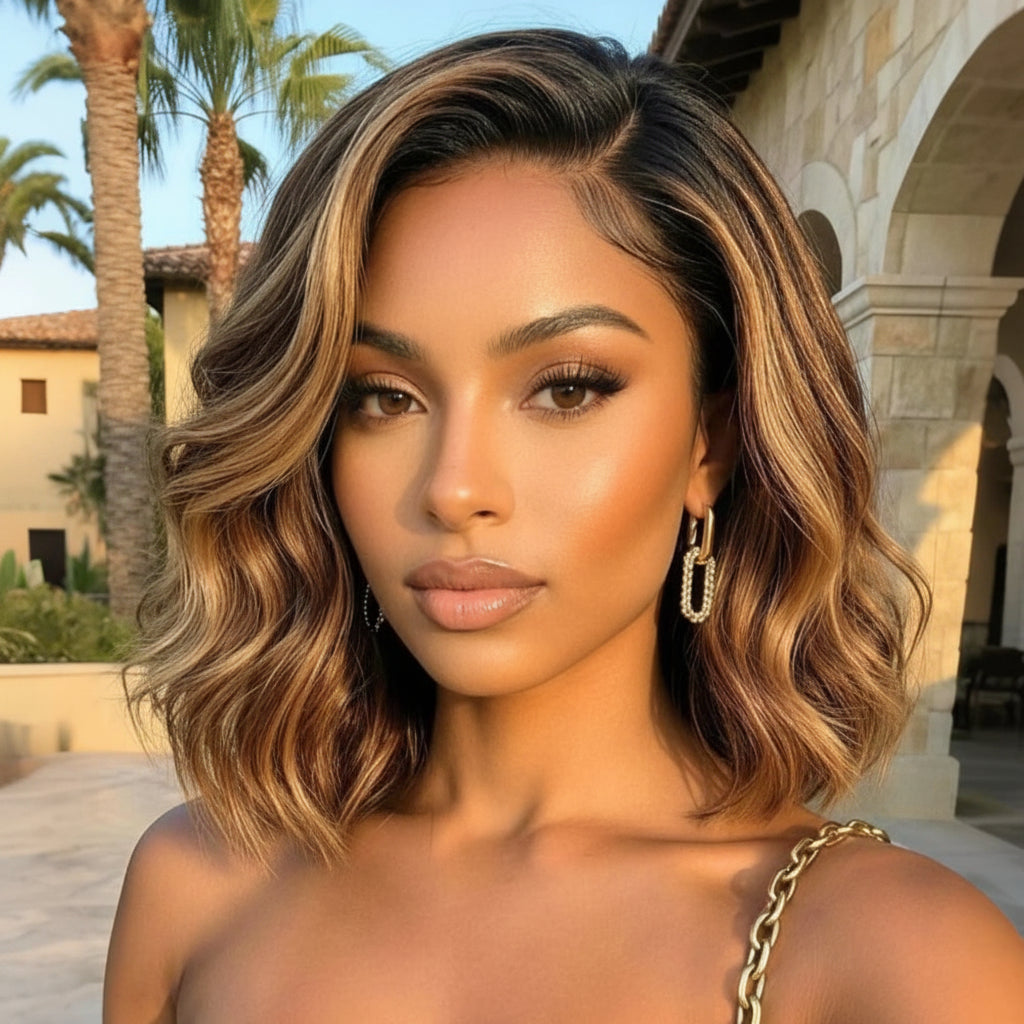 Brown With Blonde Highlights Wavy Bob Wig | Face-Framing Layers Side Part 7x5 & 13x4 Lace Glueless Human Hair