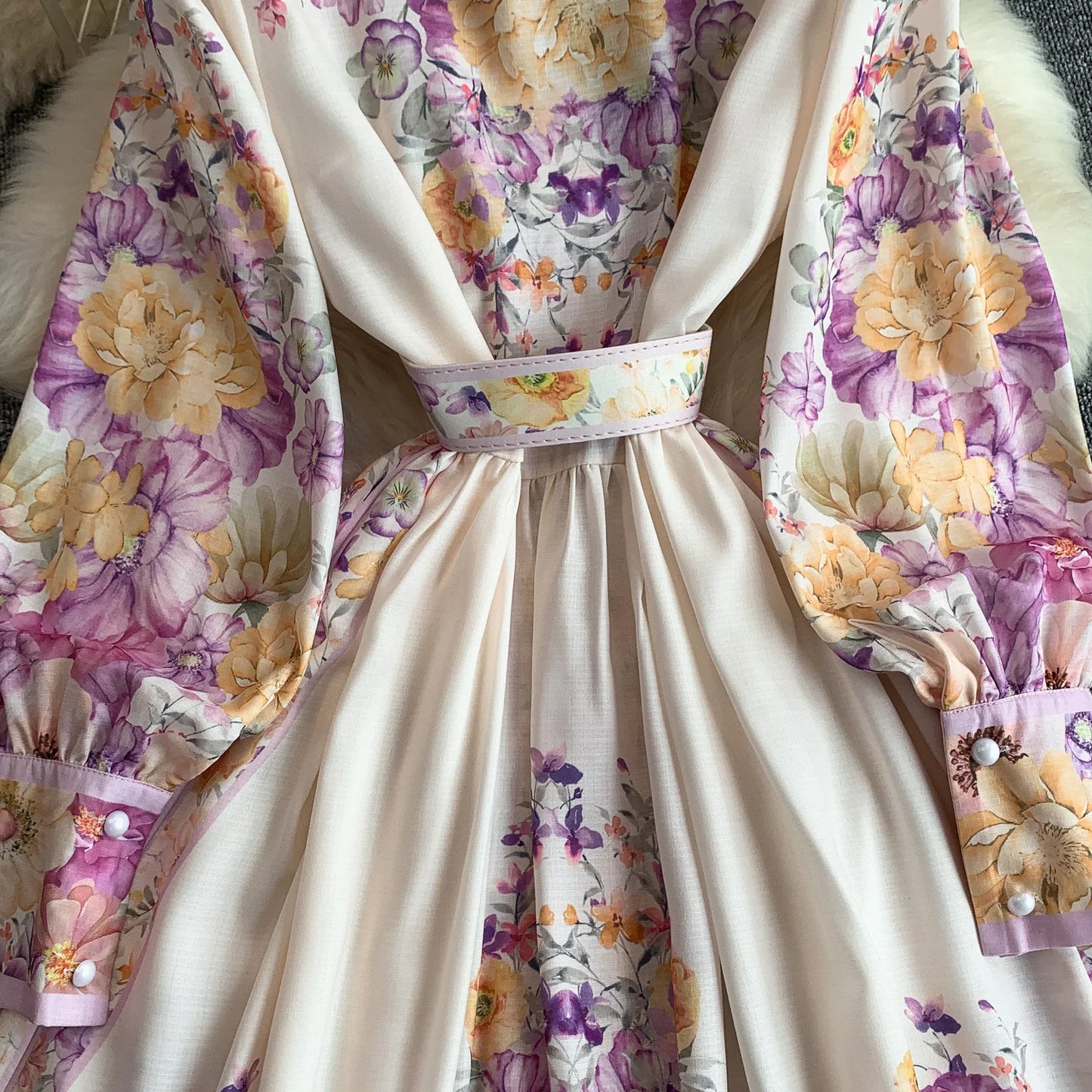 Women's Romantic Print Lantern Sleeve Dress — Belted Split Maxi