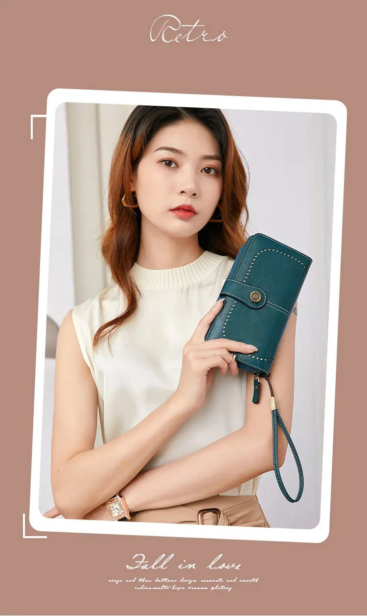 RFID anti-theft brush Retro large capacity long wallet Multi-card women's wallet Multi-function zipper wallet with wrist strap