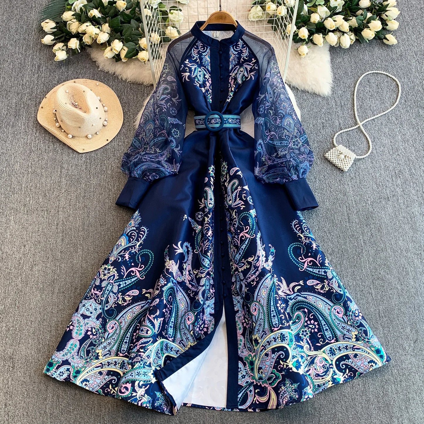 Elegant European Court Style Vintage Mesh Splice Print Lantern Sleeve Long Dress Women's Waist Cinching Slimming Maxi Gown