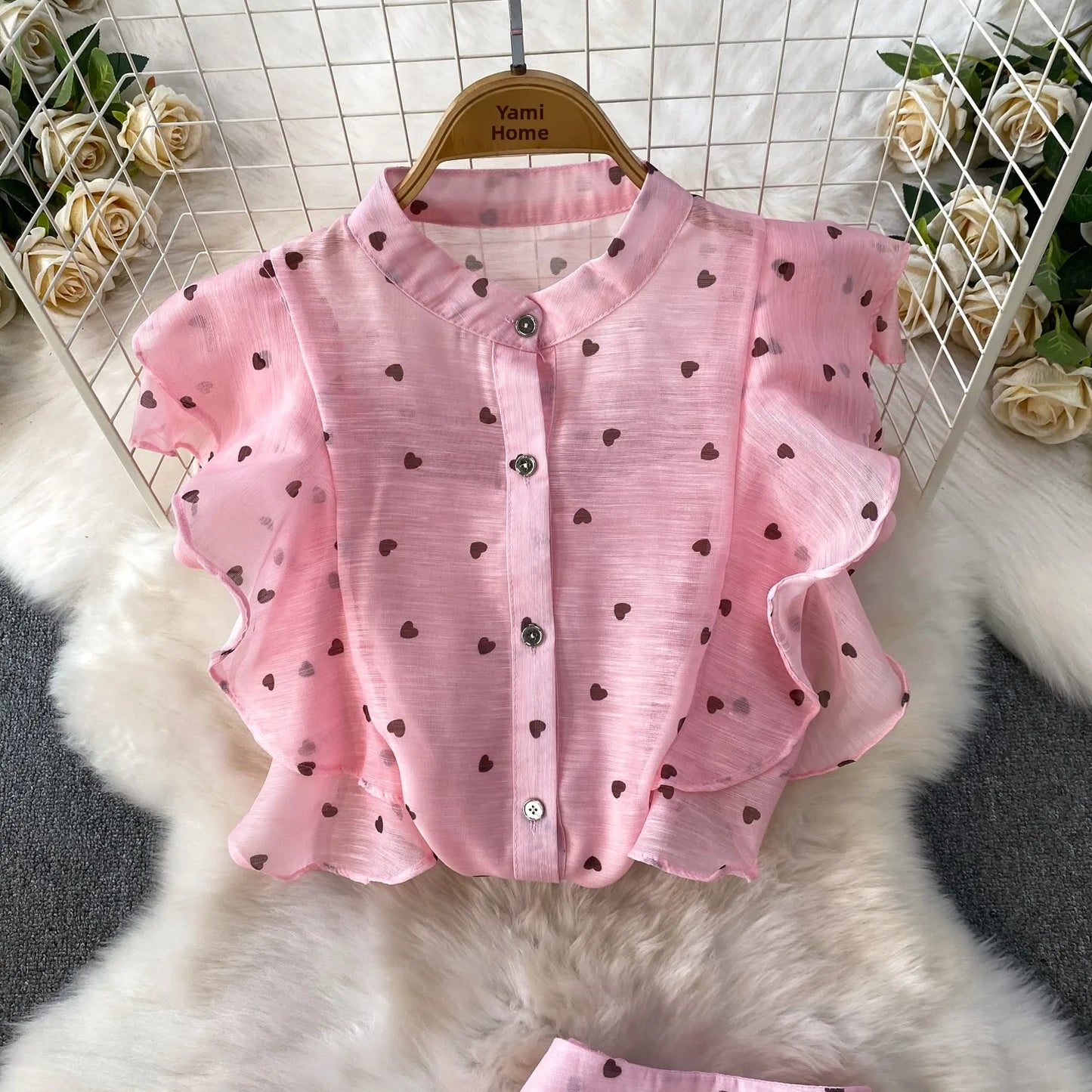 Women's French Style Sweet Chiffon Two-Piece Set — Heart Print Shirt & Flared Skirt