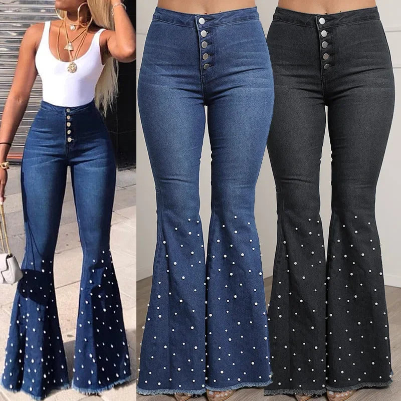 Women's High Waist Embroidered Flare Jeans — Slim Fit Distressed Denim