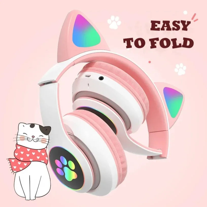 Cat Ears Bluetooth Headphones for Kids – Wireless LED Flash, Mic & TF Card Support