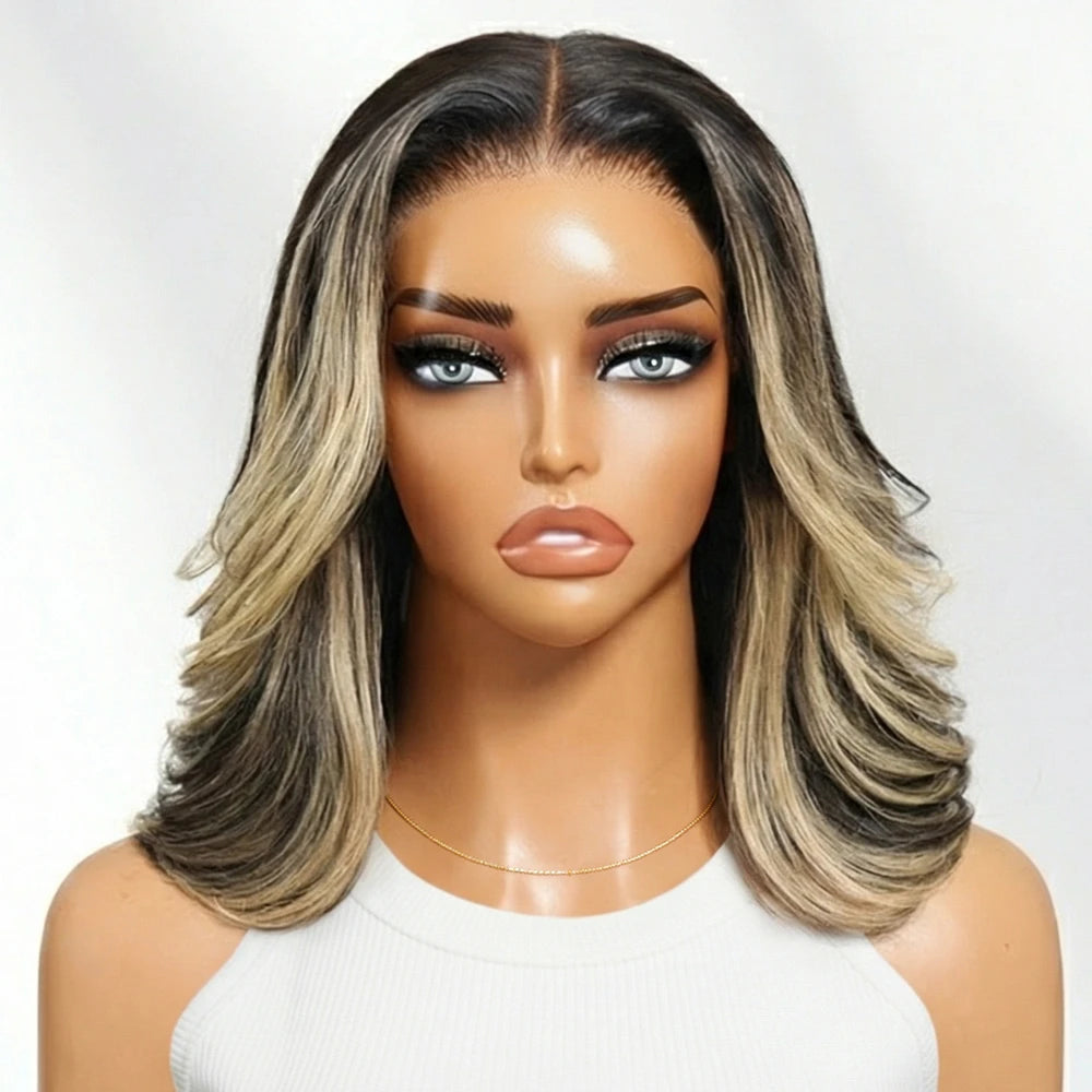 Natural Black With #27 Blonde Highlight Wavy Bob Wig | Glueless 7x5 Lace | 100% Human Hair