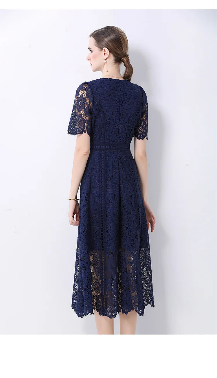 Women's Vintage High-End Lace Hollow-Out Long Dress — Slim Elegant Summer Gown