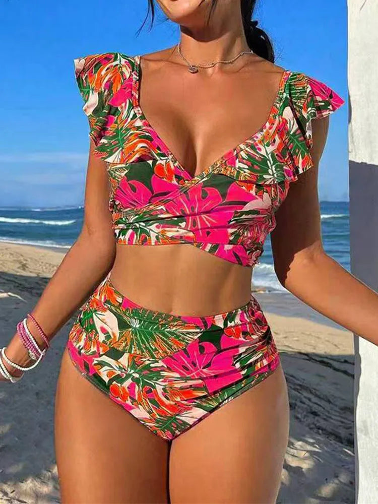 Women's Floral Print Two-Piece Bikini Set — High Waist Sexy Ruffled Swimsuit