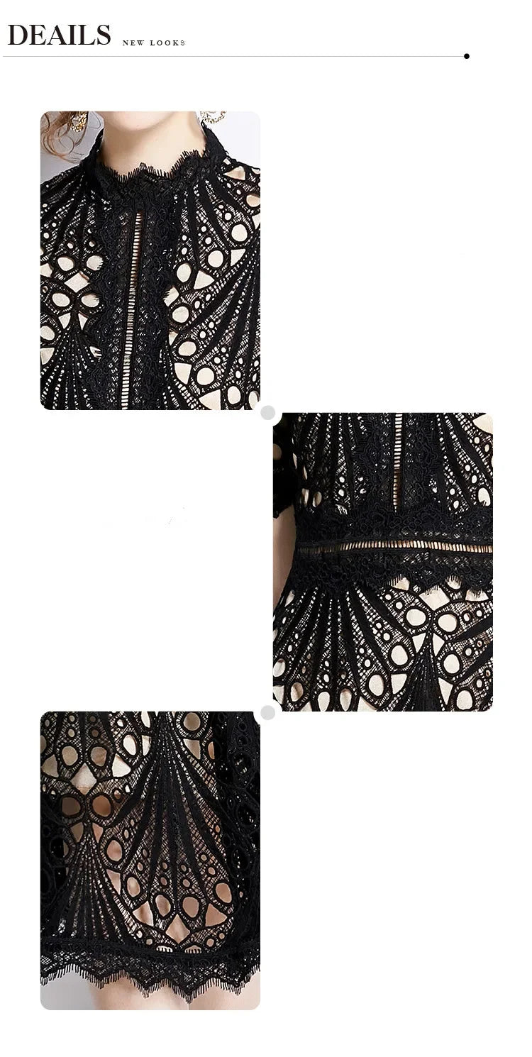 Women's Vintage High-End Lace Hollow-Out Long Dress — Slim Elegant Summer Gown