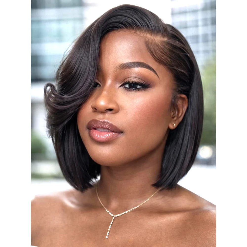 Our Bye-Bye Knots 7x5 Lace Side Part Layered Bob Wig With Side-Swept Bangs 150% Density Drawstring Glueless Human Hair Wigs