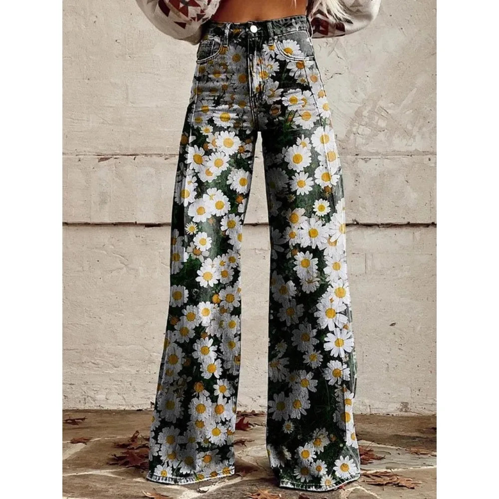 Women's Boho Floral High Waist Wide Leg Pants — Vintage Y2K Loose Trousers