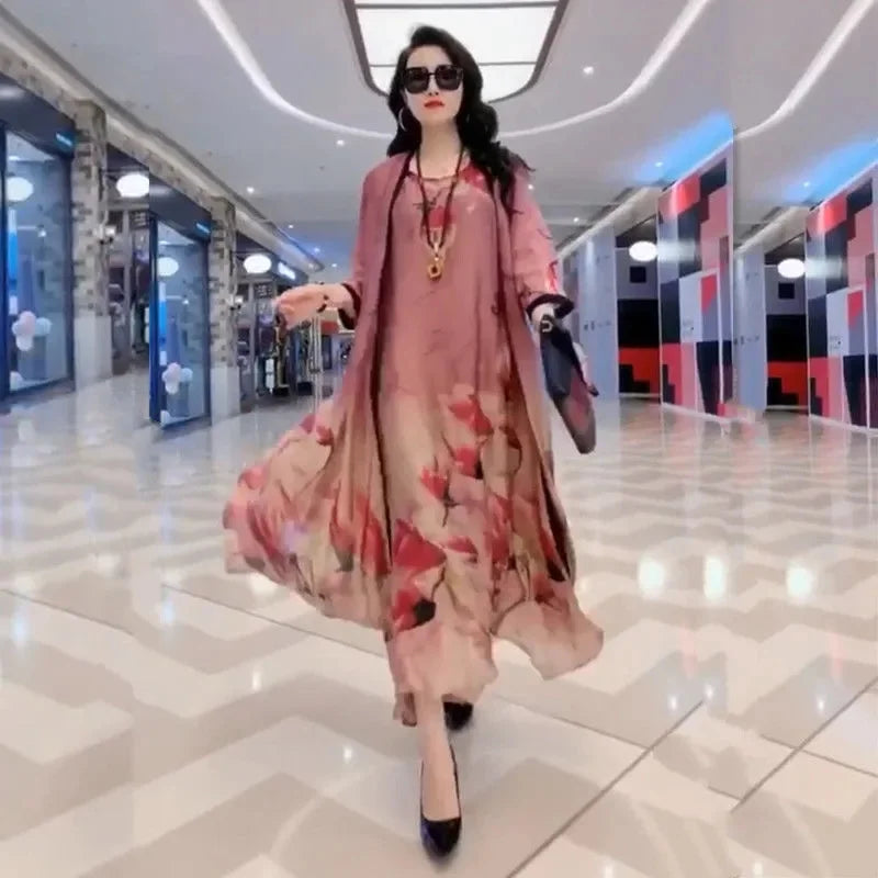 Elegant Printed Chiffon Dress Two-Piece Set