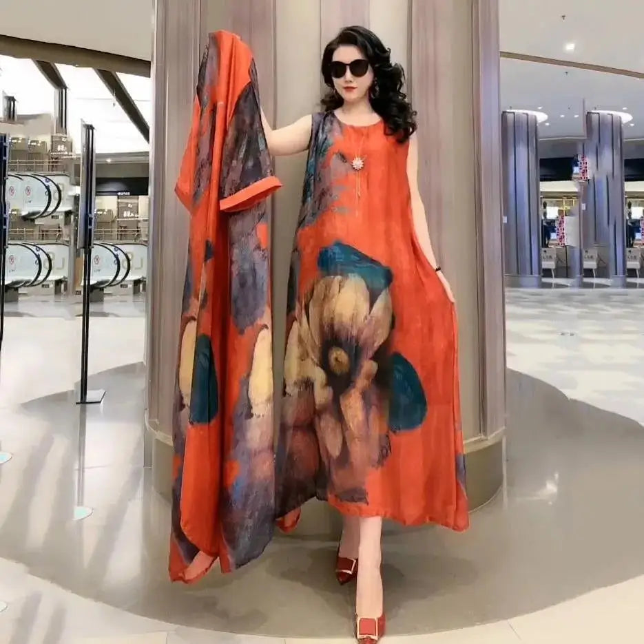 Elegant Printed Chiffon Dress Two-Piece Set