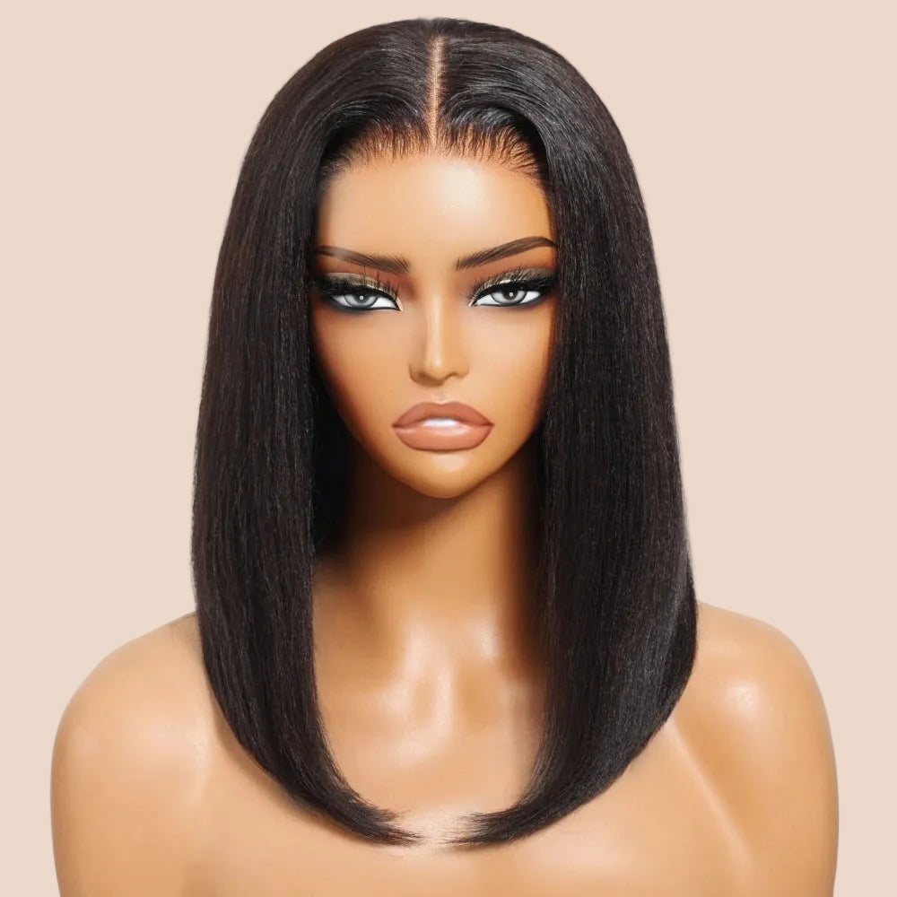 Side Part Layered Cut Light Yaki Straight 7x5 Lace Glueless Human Hair Wig Short Bob Wigs