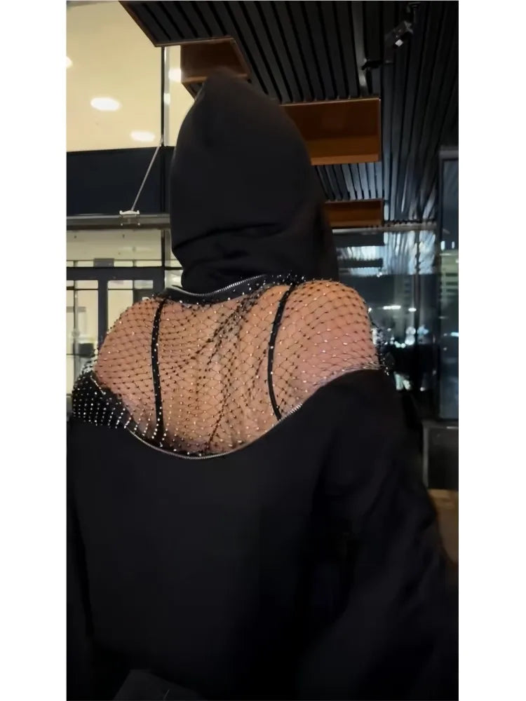 Sexy Perspective Backless Hoodie Woman's Spring Autumn Fashion Lace Patchwork Solid Color Loose Pullover Sweatshirt For Ladies