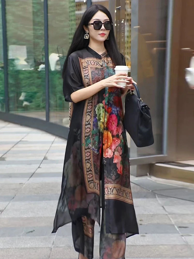 Retro Large Size Floral Print Open Cardigan & Wide Leg Pants Two-Piece Set for Women