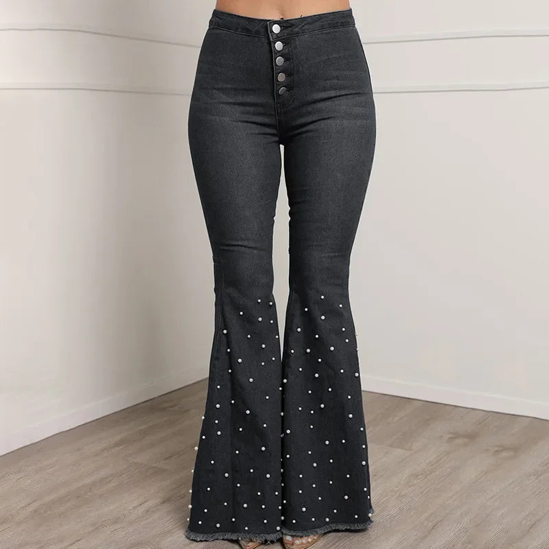 Women's High Waist Embroidered Flare Jeans — Slim Fit Distressed Denim
