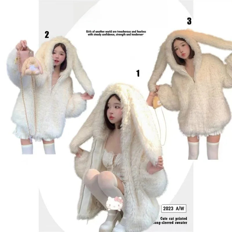 Cute Rabbit Ear Plush Jacket — Women's Sweet Loose Hoodie Outerwear