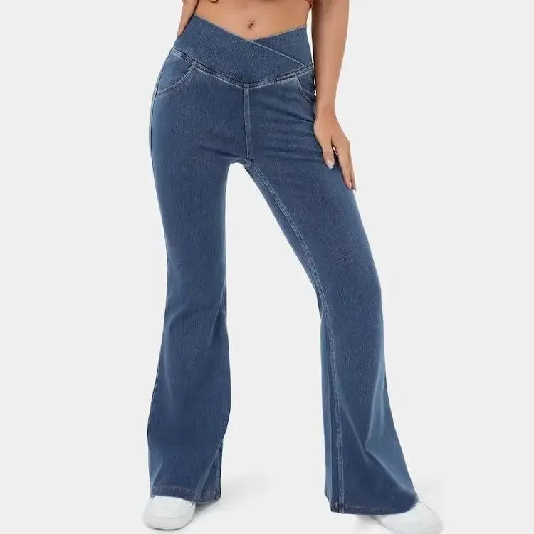 Women's High Waist Super Flare Jeans — Stretchy Knit Casual Pants