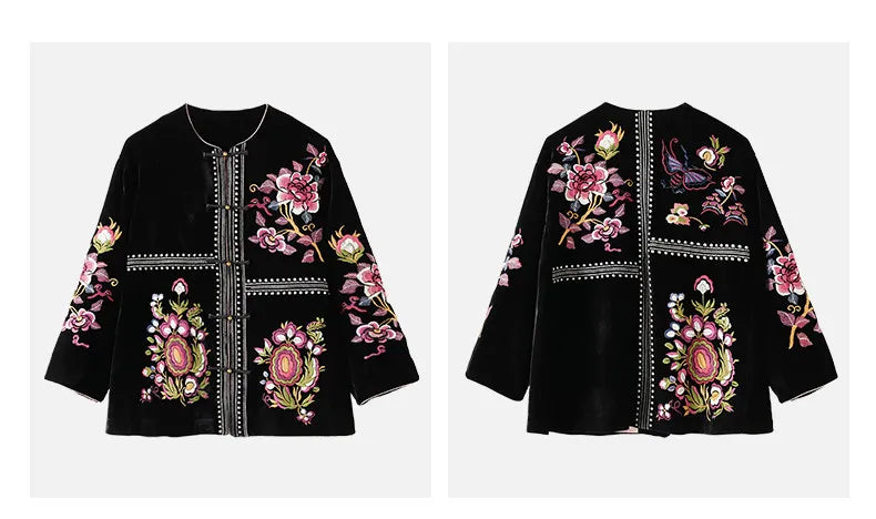 Women's Black Embroidered Velvet Jacket — Chinese Floral Style
