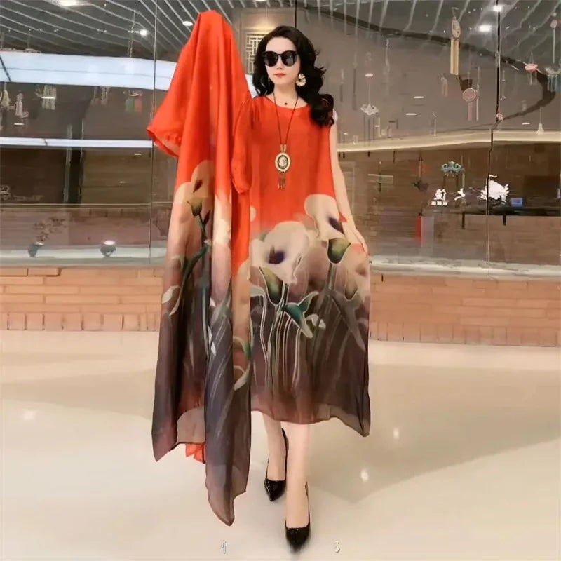 Elegant Printed Chiffon Dress Two-Piece Set