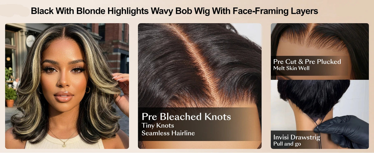 Natural Black With #27 Blonde Highlight Wavy Bob Wig | Glueless 7x5 Lace | 100% Human Hair