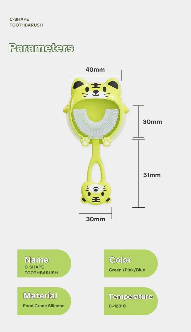Kids U-Shaped Silicone Toothbrush — 360° Cartoon Design for Ages 1–12