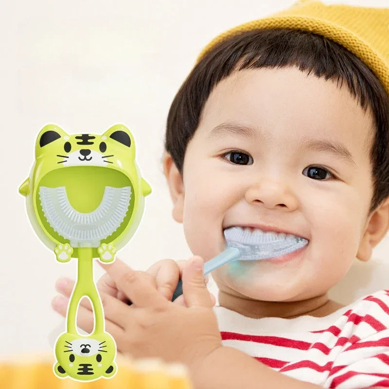 Kids U-Shaped Silicone Toothbrush — 360° Cartoon Design for Ages 1–12