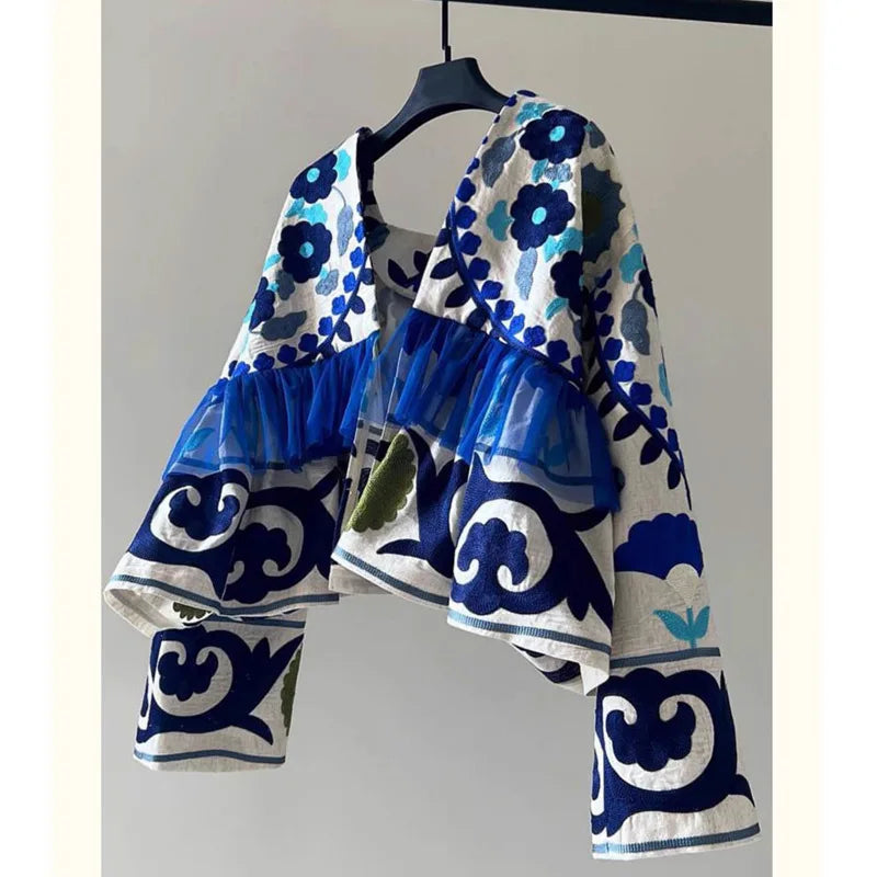 Women's Floral Embroidered Cardigan — Loose Fit Long Sleeve Top