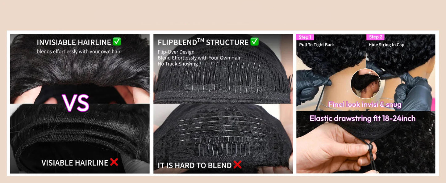 Drawstring Kinky Curly Half Wig With 4C Edges Hairline Seamless Flip Over Human Hair Wig Beginner Friendly