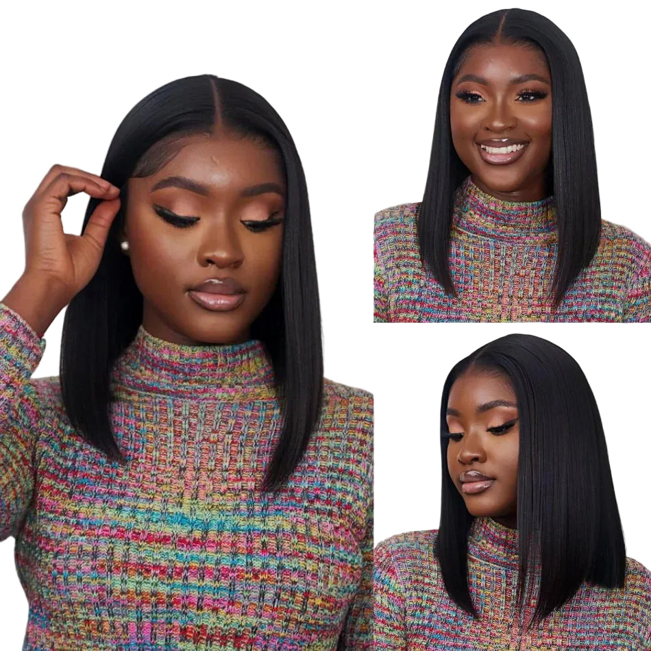 Pre Cut Pre Bleached 7x5 Lace Silky Straight Bob Wig Human Hair Glueless Wig Ready To Wear 150% Density