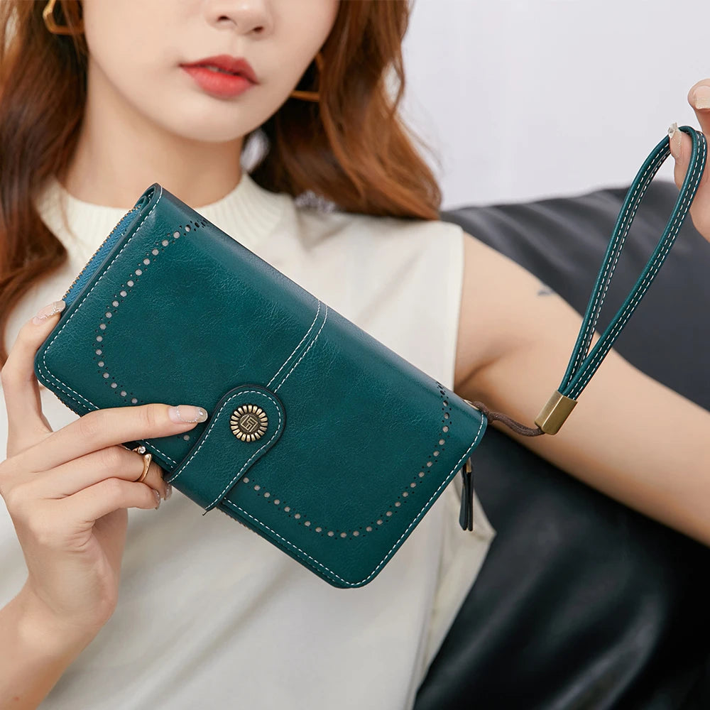 RFID anti-theft brush Retro large capacity long wallet Multi-card women's wallet Multi-function zipper wallet with wrist strap