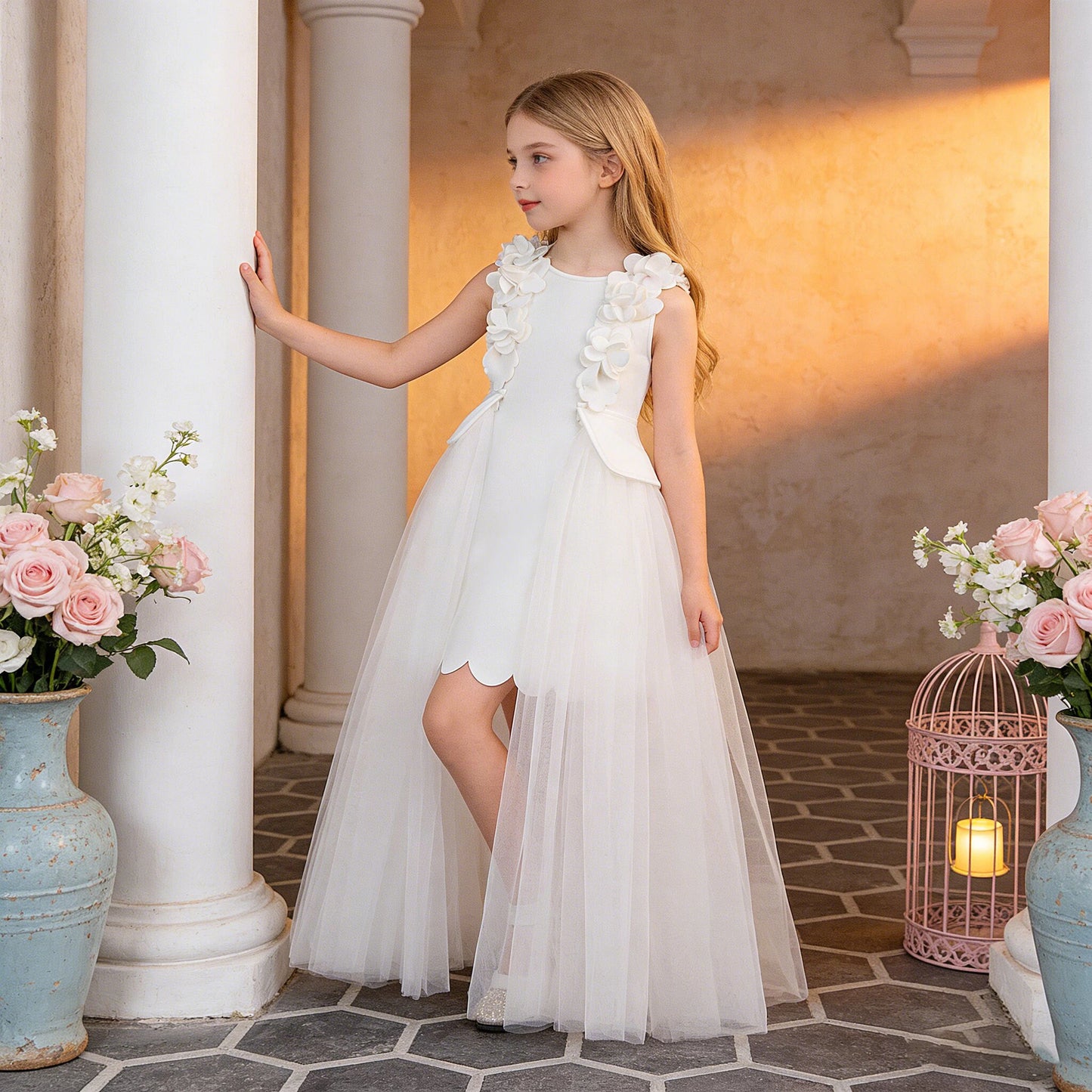 Fashion Baptism Bridesmaid Girls Dress Elegant Flower Birthday Party Princess Prom Dresses Girl Bow Wedding Pageant Evening Gown