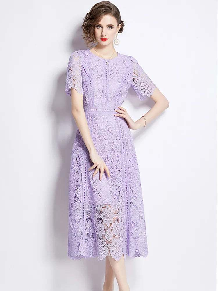 Women's Vintage High-End Lace Hollow-Out Long Dress — Slim Elegant Summer Gown