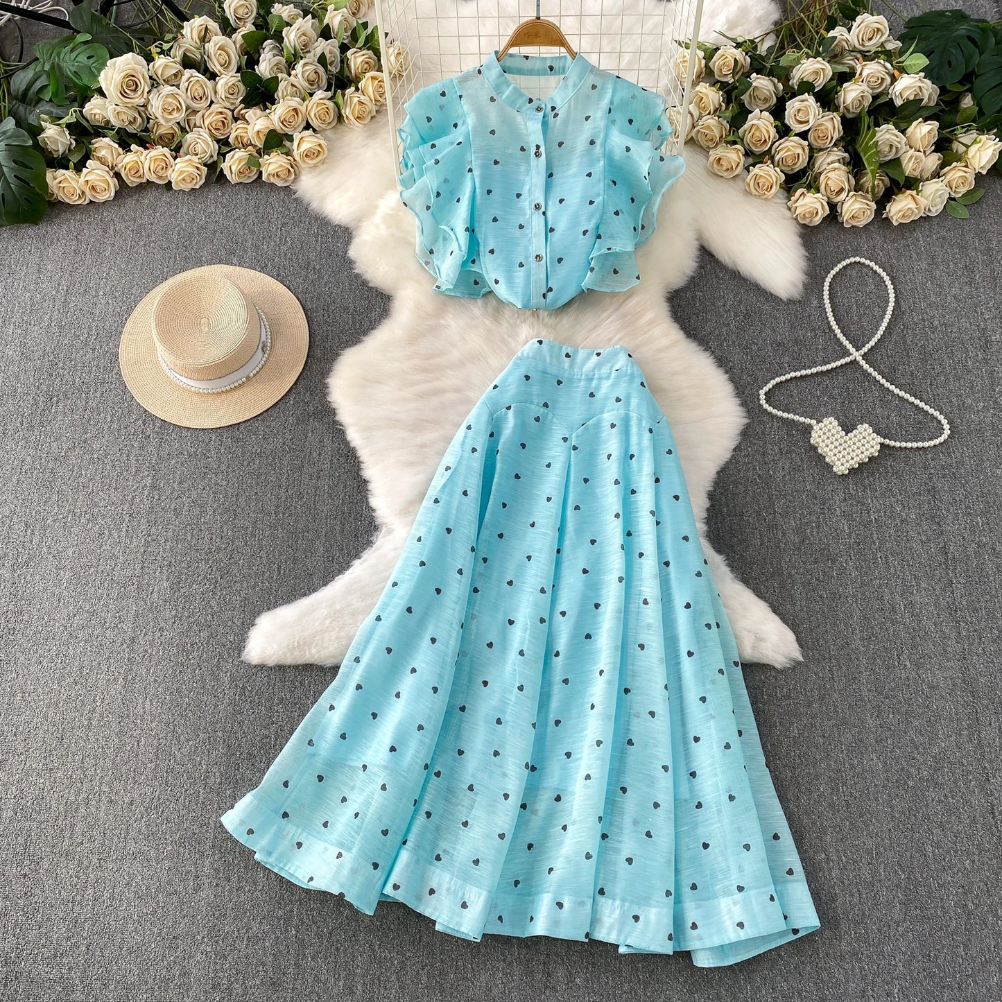 Women's French Style Sweet Chiffon Two-Piece Set — Heart Print Shirt & Flared Skirt