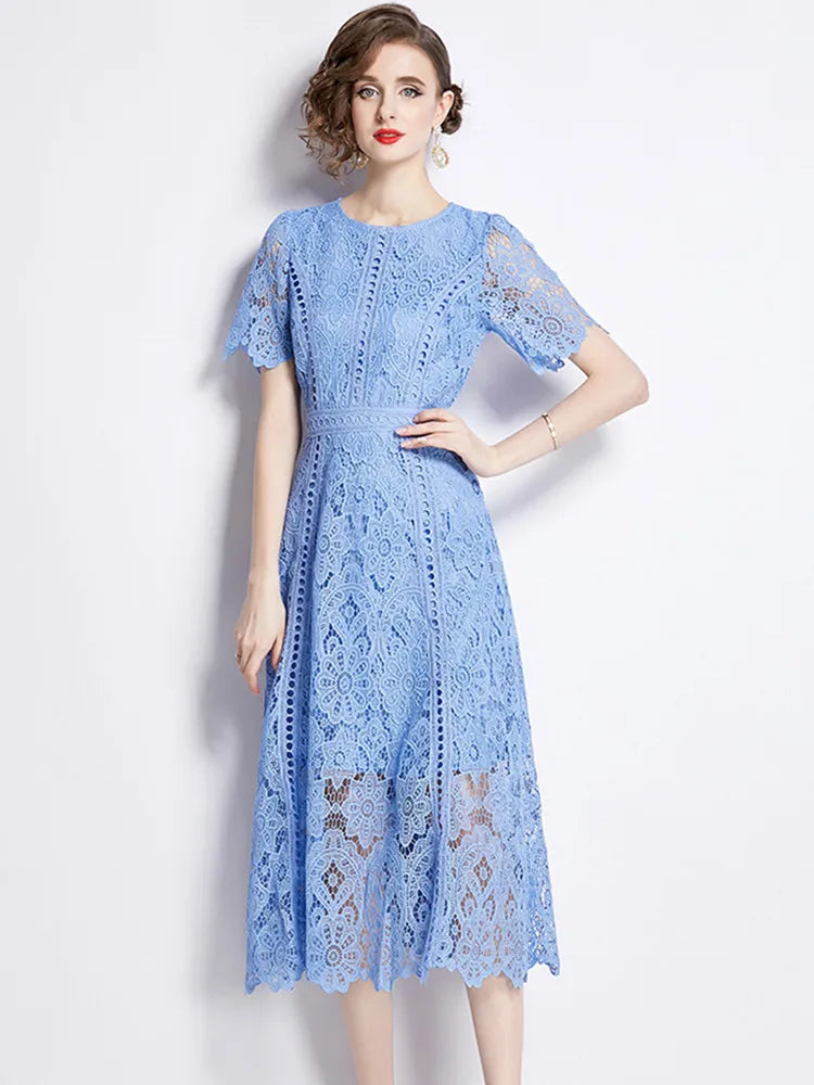 Women's Vintage High-End Lace Hollow-Out Long Dress — Slim Elegant Summer Gown