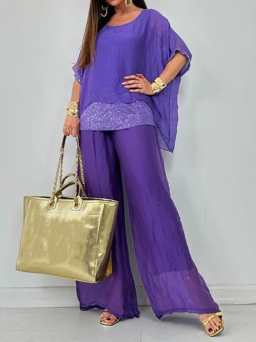 Women's Summer Chiffon Sequin Patchwork Casual Set — Batwing Sleeve Top & Wide Leg Pants